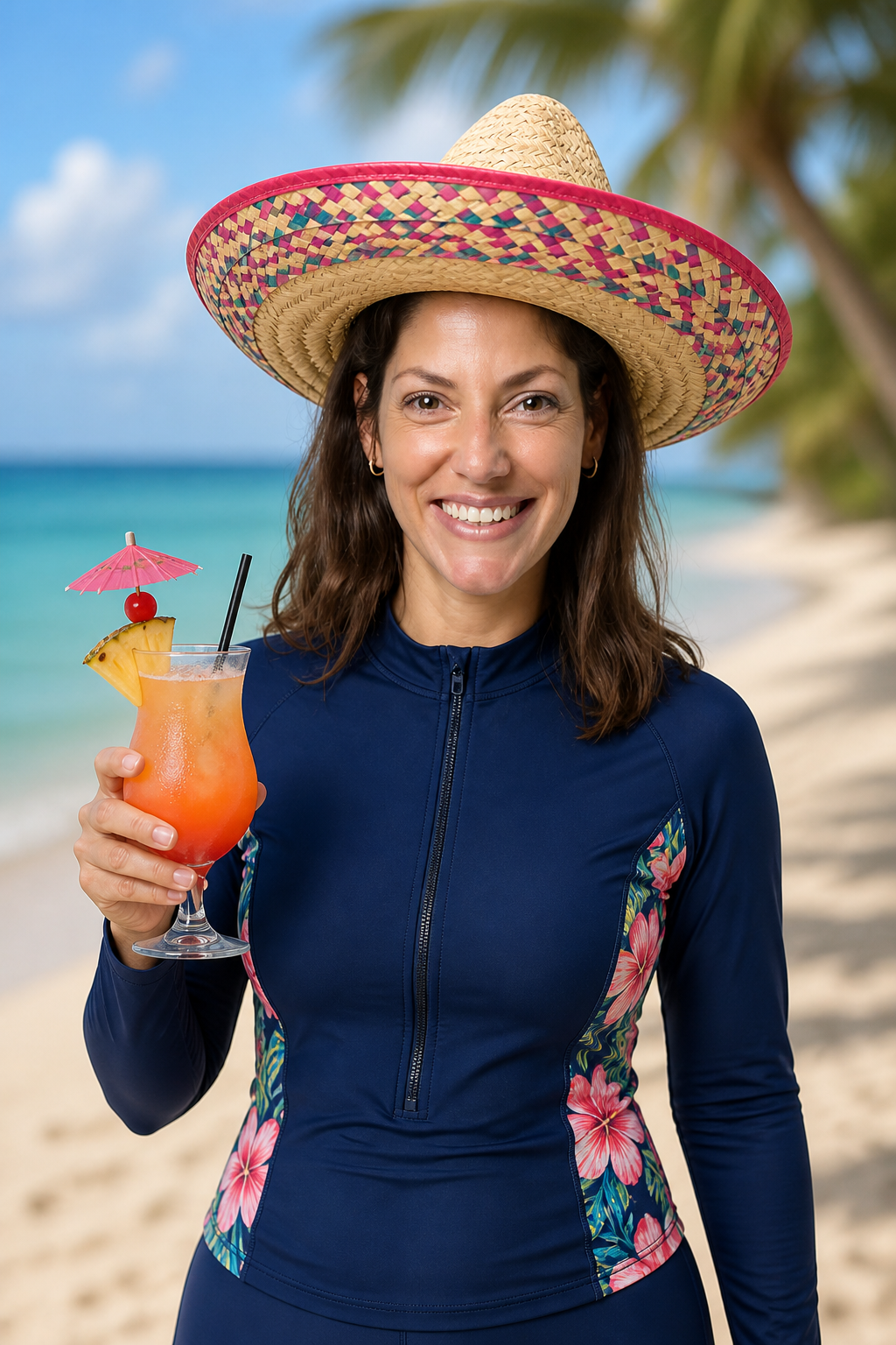 Michal on holiday with sombrero and cocktail